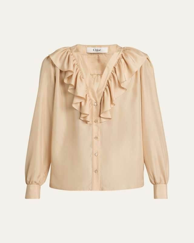 Ruffled V-Neck Silk Blouse